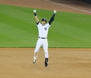 Derek Jeter celebrates his game winning, walk-off hit.  (Photo: Stefanie Gordon)